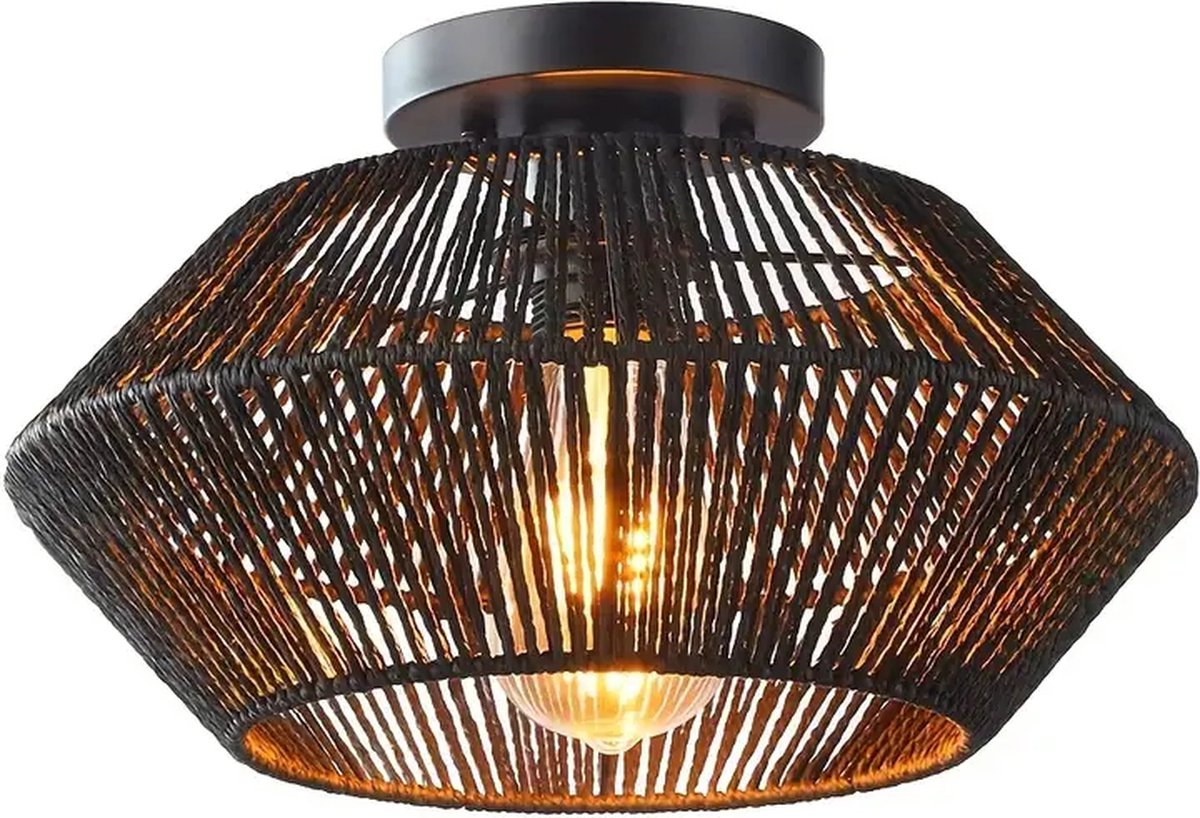 Rieten Plafondlamp - Bamboe Kroonluchter - Rotan Vintage Lamp - E27 - Handgeweven - 30 cm - Zwart