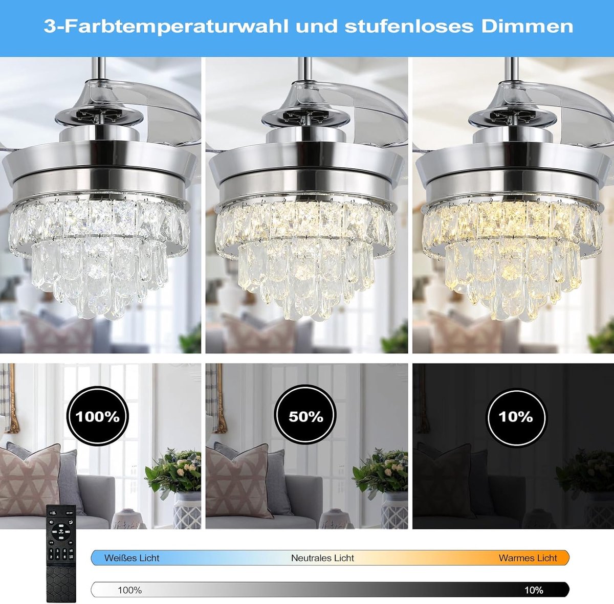 Hanglamp Ventilator - Chroom - 3 Blad - Dimbaar Met Afstandsbediening - 55 cm - 6 Standen - Woonkamer Ventilator Lamp - Plafondventilator - 22 inch