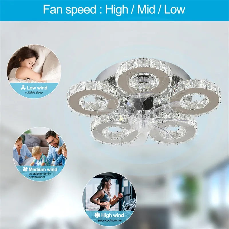 5 Rings Crystal Ceiling Lamp - Ceiling Fan - Smart Lamp - With Dimmer - 6 Speed Fan
