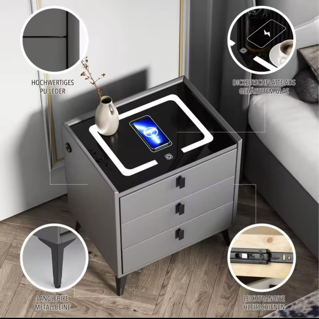 Nachtkast Met LED - 3 USB Poorten - Draadloos Opladen - Grijs - 3 Laden - 60x50x45cm - Slim Nachtkastje - Slaapkamer - 3 Kleuren LED