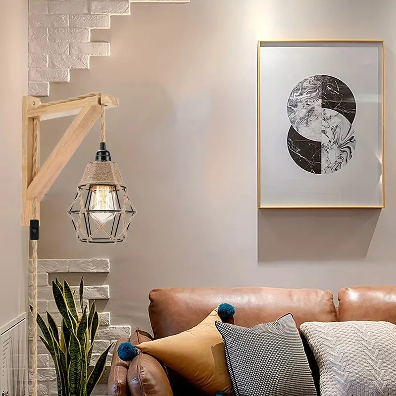 LuxiLamps - Houten Wandkandelaar Lamp - Met Metalen Kooischaduw - Met Stekker - E26 - Wandlamp - Muur Decoratie