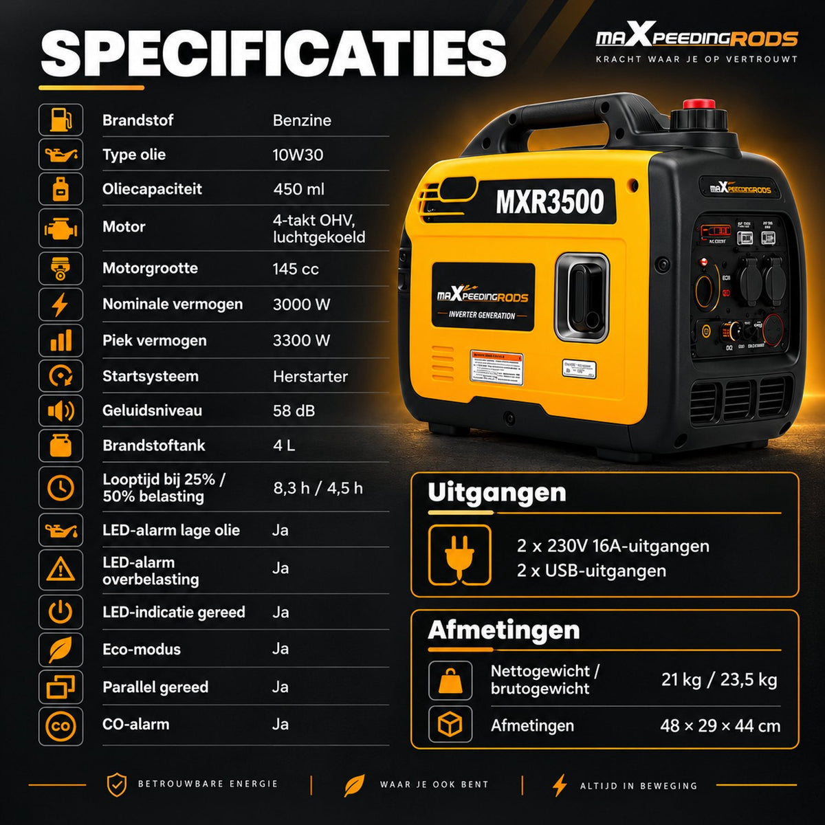 Superstille Inverter Generator Benzine - 3000W Continu - 3300W - Aggregaat - 4-Takt - USB en 220–240 V Stopcontacten - Eco-Modus - Noodstroomaggregaat voor Camping, Reizen en Evenementen - Noodpakket