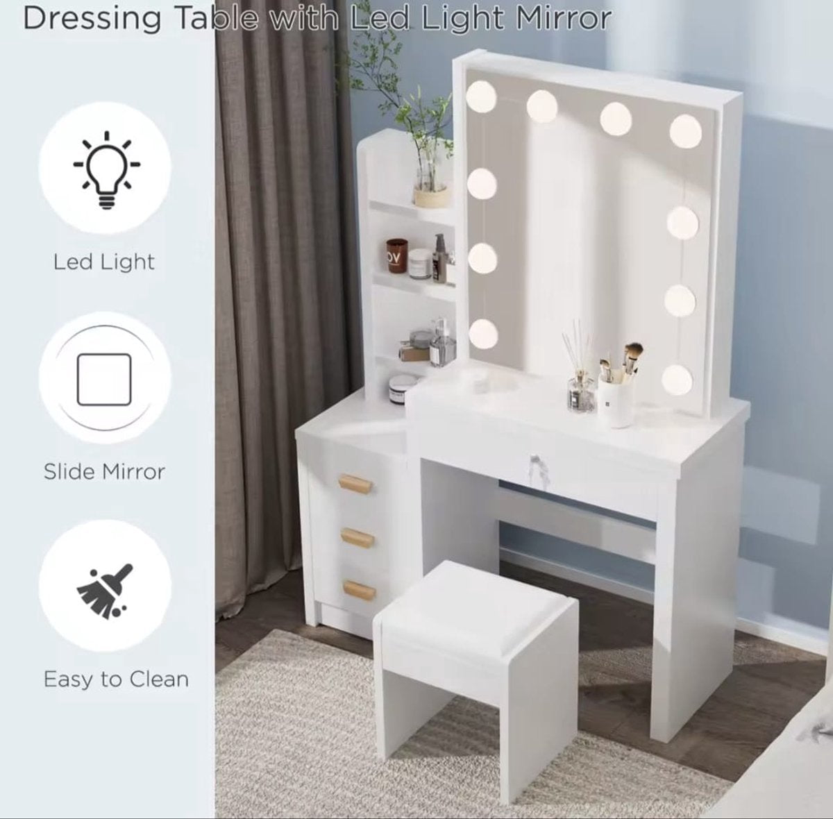 Witte Make-up tafel - Instelbare LED Verlichting - Kaptafel met Spiegel - 4 Laden - Met Kruk - Aanpasbare Planken - Stijlvolle Opslag voor Make-up