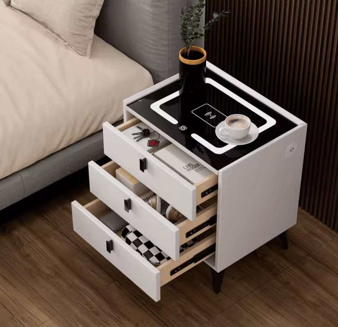 Nachtkast Met LED - 3 USB Poorten - Draadloos Opladen - Wit - 3 Laden - 59x50x45cm - Slim Nachtkastje - Slaapkamer - 3 Kleuren LED