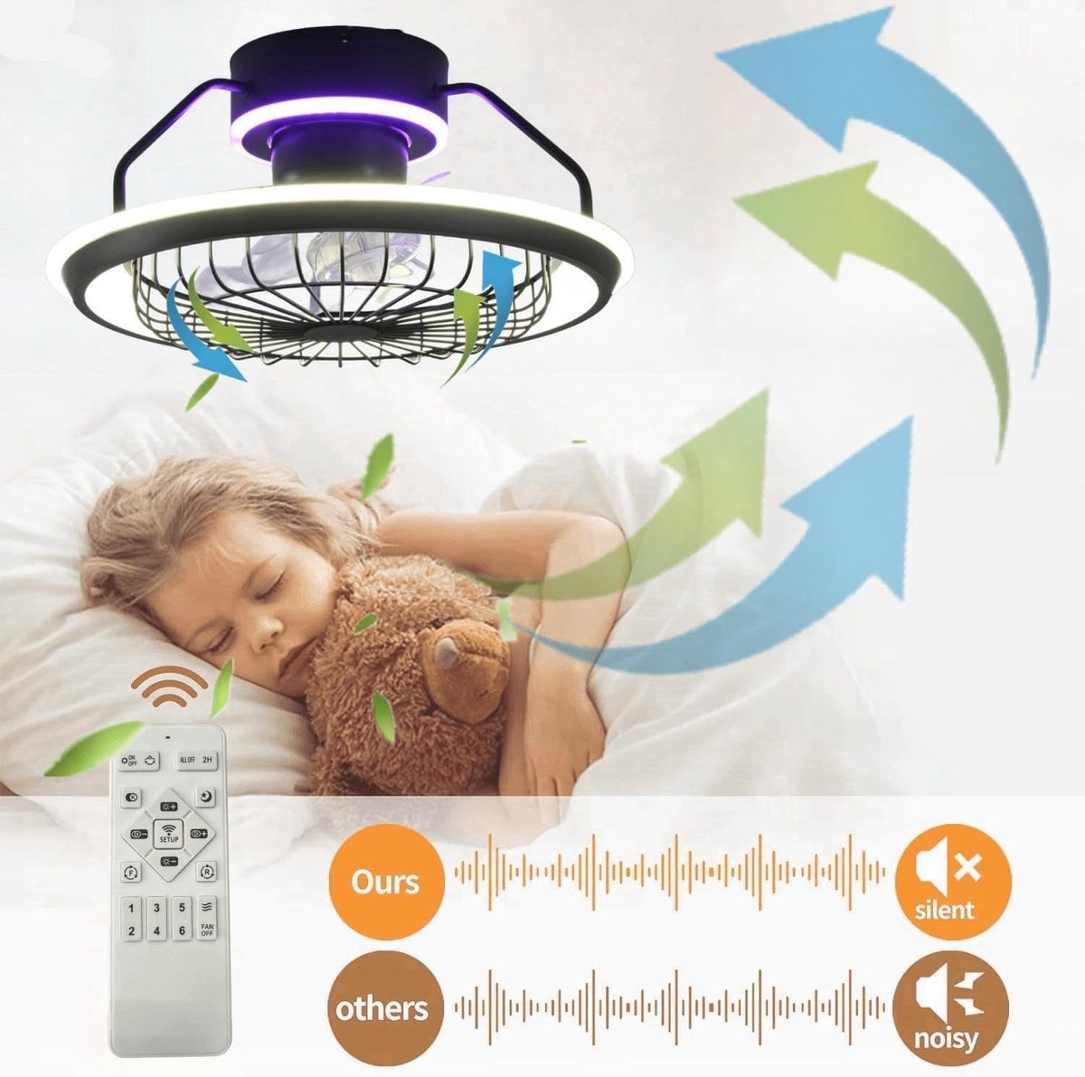 RGB Plafondventilator met Verlichting - App & Afstandsbediening - Stille Plafondlamp - 6 Snelheden - 3 Kleuren - Plafond Ventilator met 2u Timer - 64W
