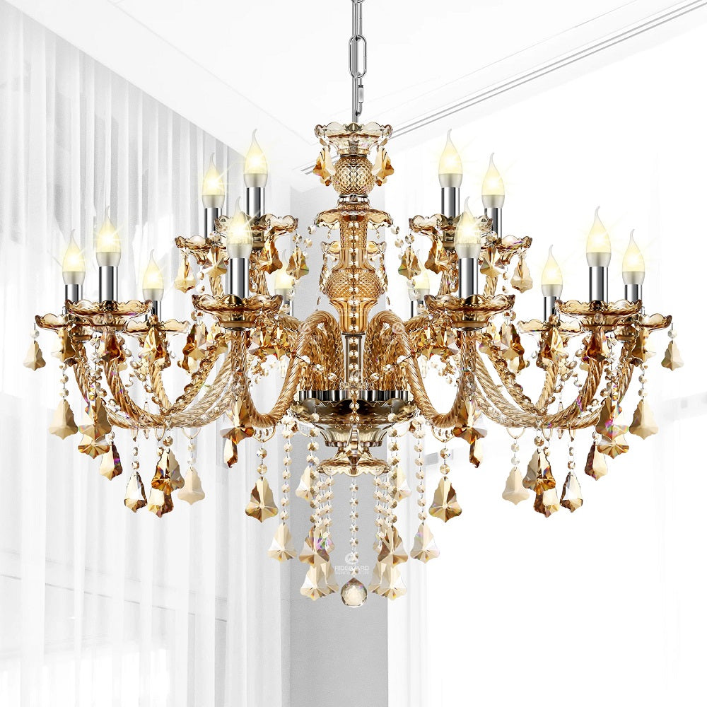 Crystal Chandelier - 15 Arm Kristallen Kroonluchter - Cognac - Hanglamp - Woonkamerlamp - Moderne lamp - Plafonniere
