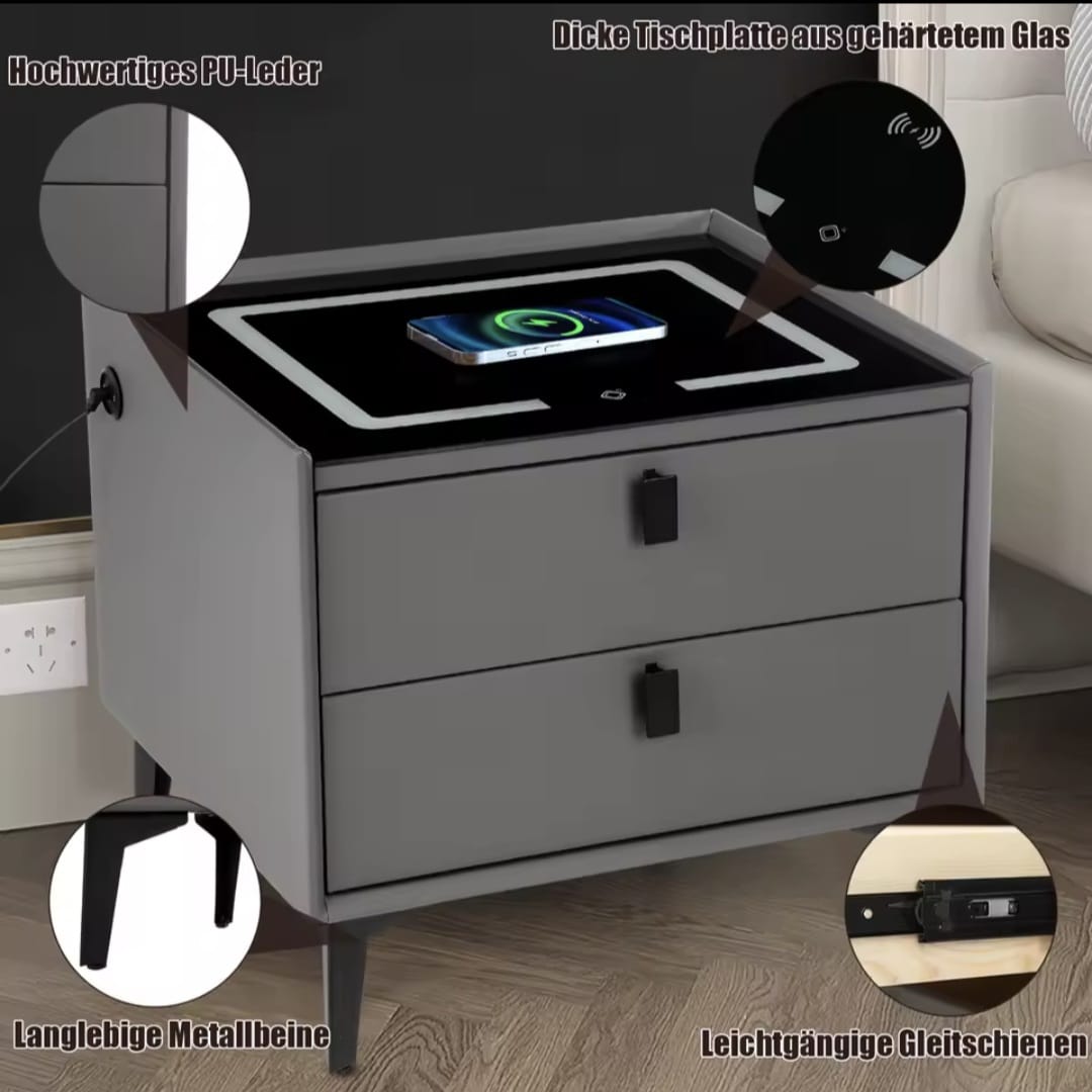 Nachtkast Met LED - 3 USB Poorten - Draadloos Opladen - Grijs - 2 Laden - 50x45x40cm - Slim Nachtkastje - Slaapkamer - 3 Kleuren LED