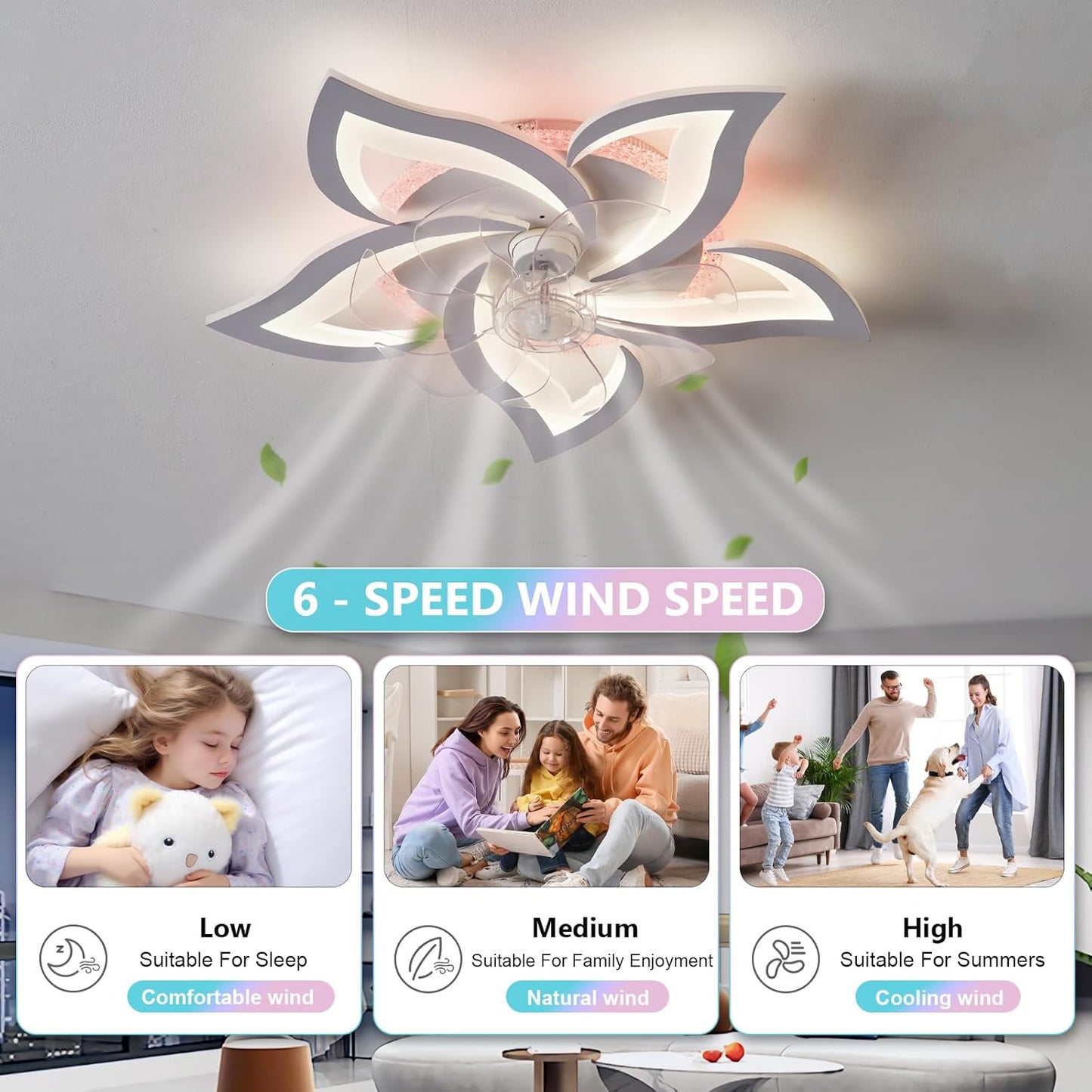Plafond Ventilator Lamp - 55 CM - Smart Lamp - 6 Standen - Dimbaar - RGB - Wit - Kroonluchter Ventilator - 12 Kleuren - Chandelier Fan - Woonkamer Lamp - Ventilator Lamp
