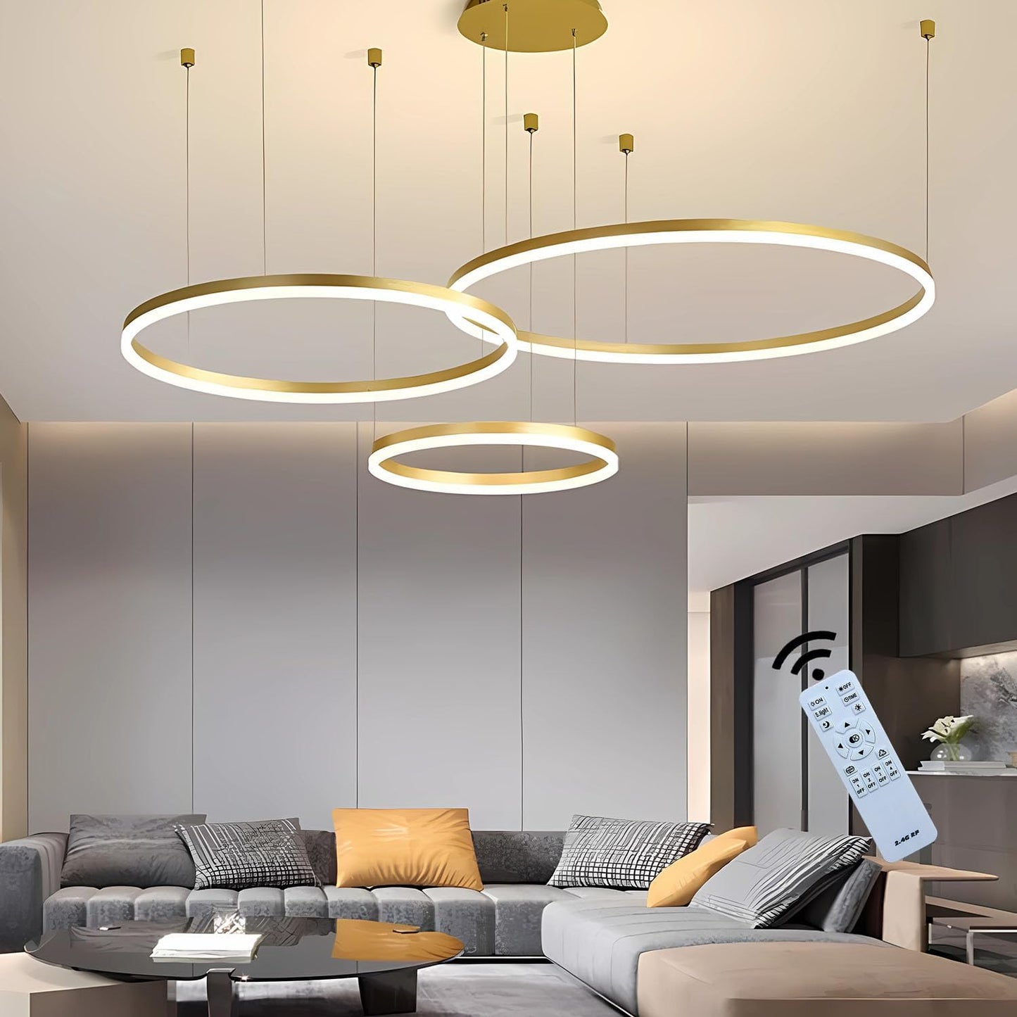 3 Ringen - Hanglamp - Kroonluchter - Goud - Dimbaar Met Afstandsbediening