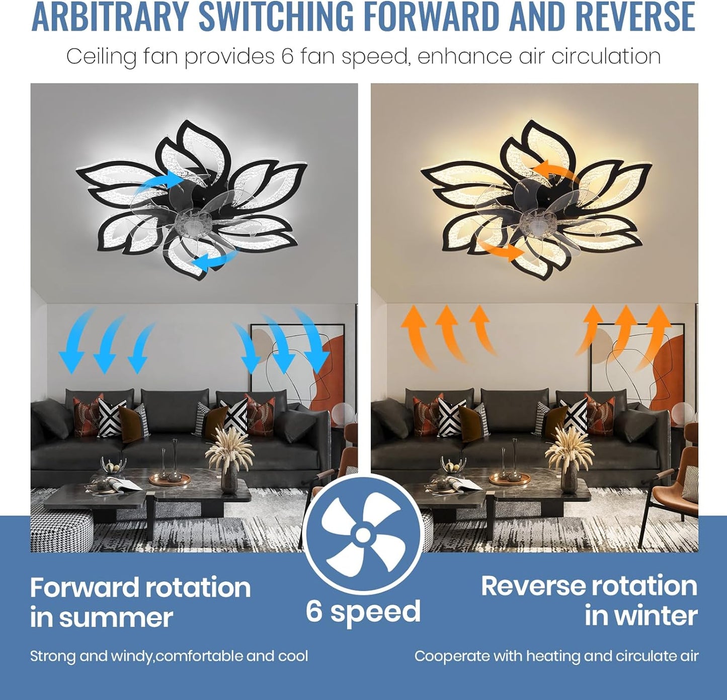 6 Bloem Crystal Ventilator Lamp - Plafondventilator - Zwart - 6 Standen - Smart Lamp - Dimbaar - Kroonluchter Ventilator - Chandelier Fan - Woonkamerlamp - Ventilator Lampen