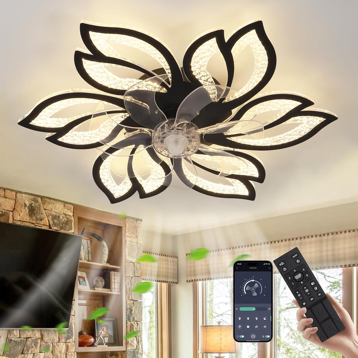 6 Bloem Crystal Ventilator Lamp - Plafondventilator - Zwart - 6 Standen - Smart Lamp - Dimbaar - Kroonluchter Ventilator - Chandelier Fan - Woonkamerlamp - Ventilator Lampen