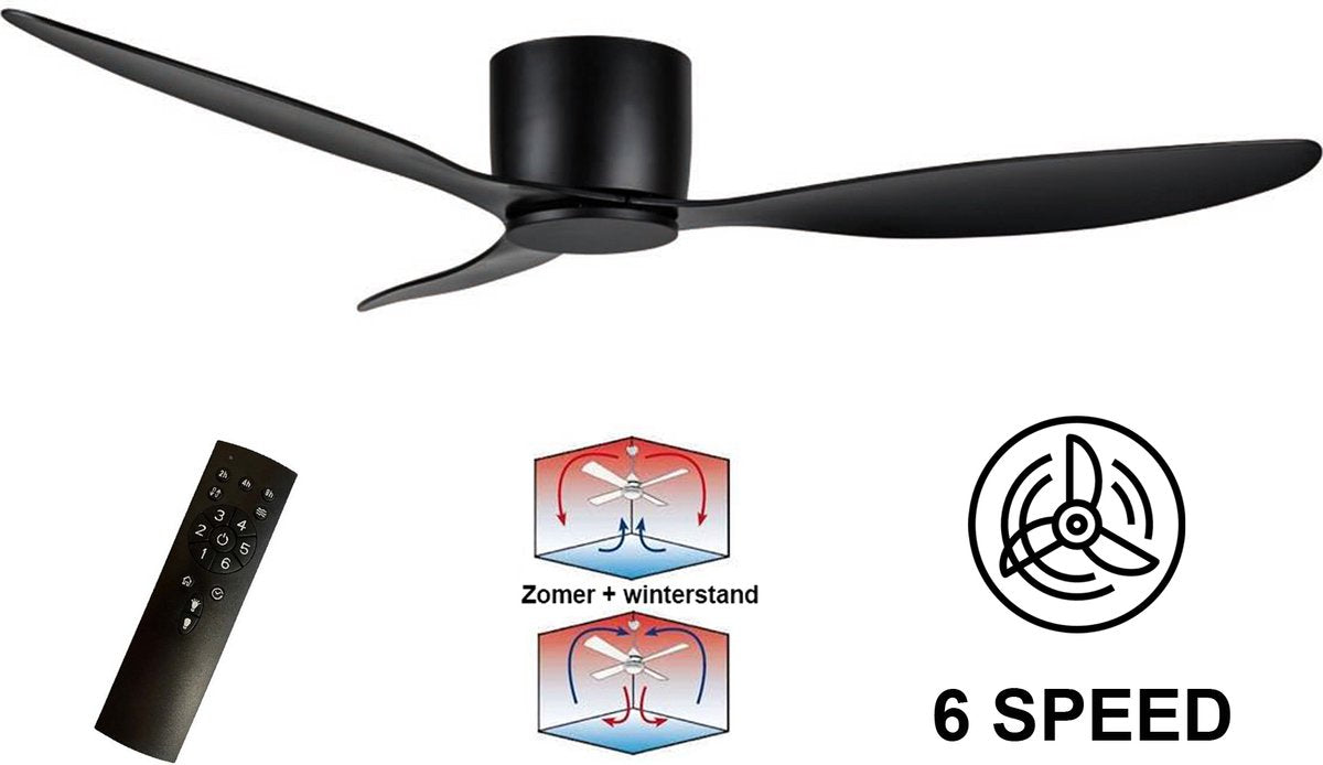 LuxiLamps - 3 Blade Ceiling Fan - Modern Fan - 3 Speeds - Remote Control - 132 cm - Black - Living Room Fan