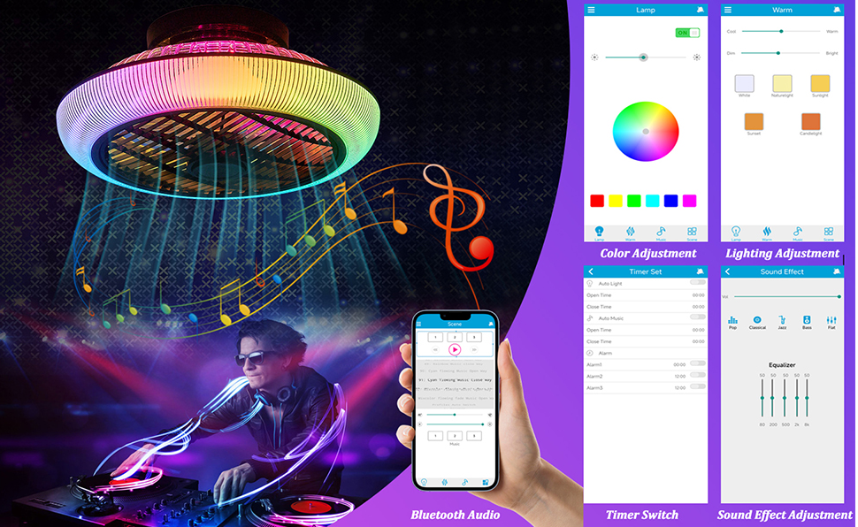 LuxiLamps - RGB Smart Plafond Ventilator - Met Speaker - Dimbaar Met Afstandsbediening En App - Muziek Plafondventilator - 46 cm - Woonkamerlamp - Moderne lamp