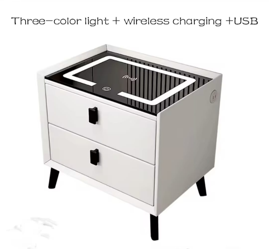 Nachtkast Met LED - 3 USB Poorten - Draadloos Opladen - Wit - 2 Laden - 50x45x40cm - Slim Nachtkastje - Slaapkamer - 3 Kleuren LED