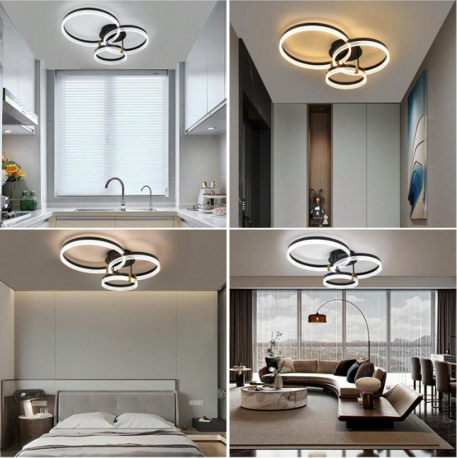 3 Ring Plafondlamp - Zwart/Goud - Dimbaar Met Afstandsbediening - Moderne LED Lamp - 30/40/50 cm - Woonkamerlamp