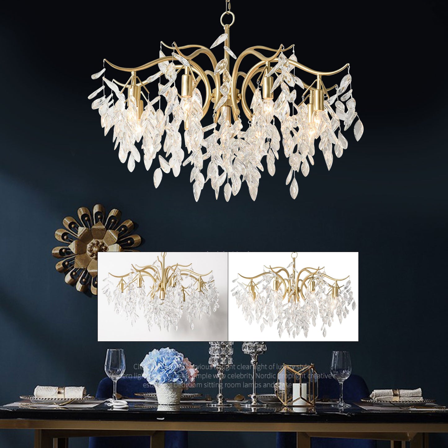LuxiLamps - 9 Arm Kristallen Kroonluchter - Crystal Chandelier - Goud - Hanglamp - Woonkamerlamp - Moderne lamp - Plafonniere