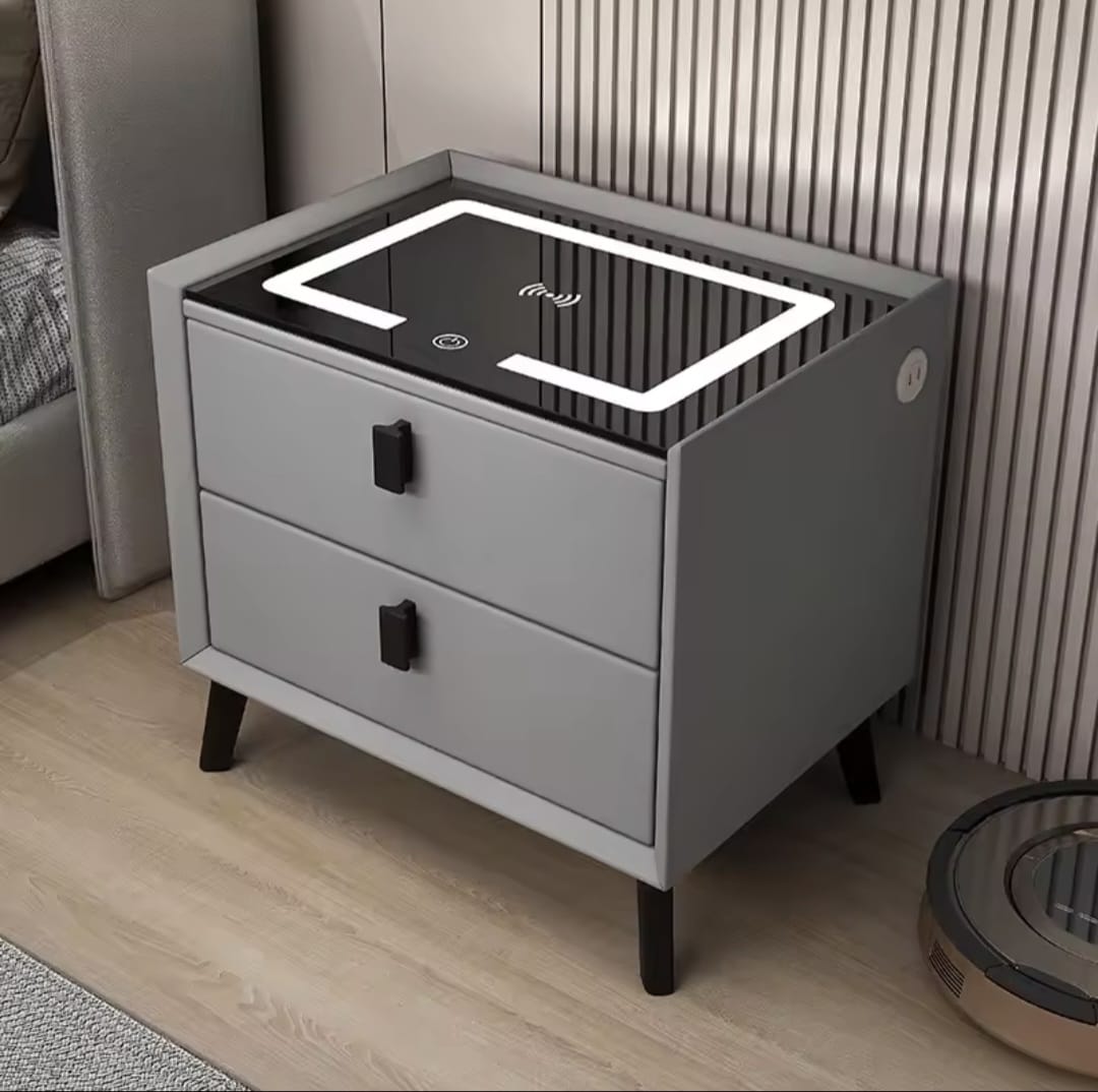 Nachtkast Met LED - 3 USB Poorten - Draadloos Opladen - Grijs - 2 Laden - 50x45x40cm - Slim Nachtkastje - Slaapkamer - 3 Kleuren LED