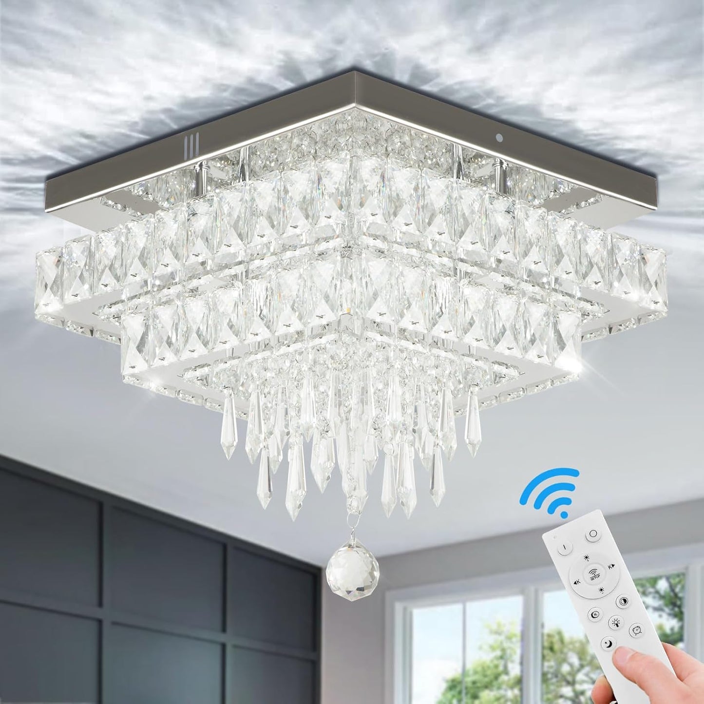 LuxiLamps - Kristallen Kroonluchter - LED Plafondlamp - Chroom Kroonluchter - 2 Lagen - Dimbaar Met Afstandsbediening & APP - Verlichting - Keuken - Slaapkamer - Woonkamer - Plafondverlichting