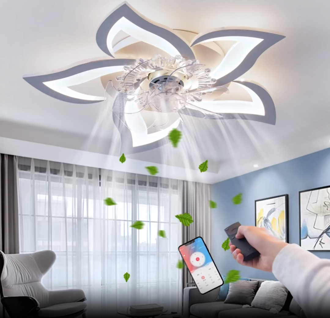 5 Lotus Ventilator Lamp - Plafondventilator - Zwart - Smart Lamp - Met Dimmer - 6 Standen Ventilator - Keuken Lamp - Woonkamerlamp - Moderne lamp
