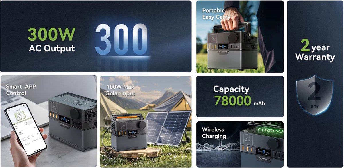 Allpowers S300 Pro MAX - Draagbare Krachtcentrale - 288Wh - Powerstation - Output 300W (500W Piek) - Lithium-Ion - Noodstroomvoorziening - AC 2x, USB, USB-C, DC en Draadloos Opladen - Geschikt voor Kamperen en Reizen