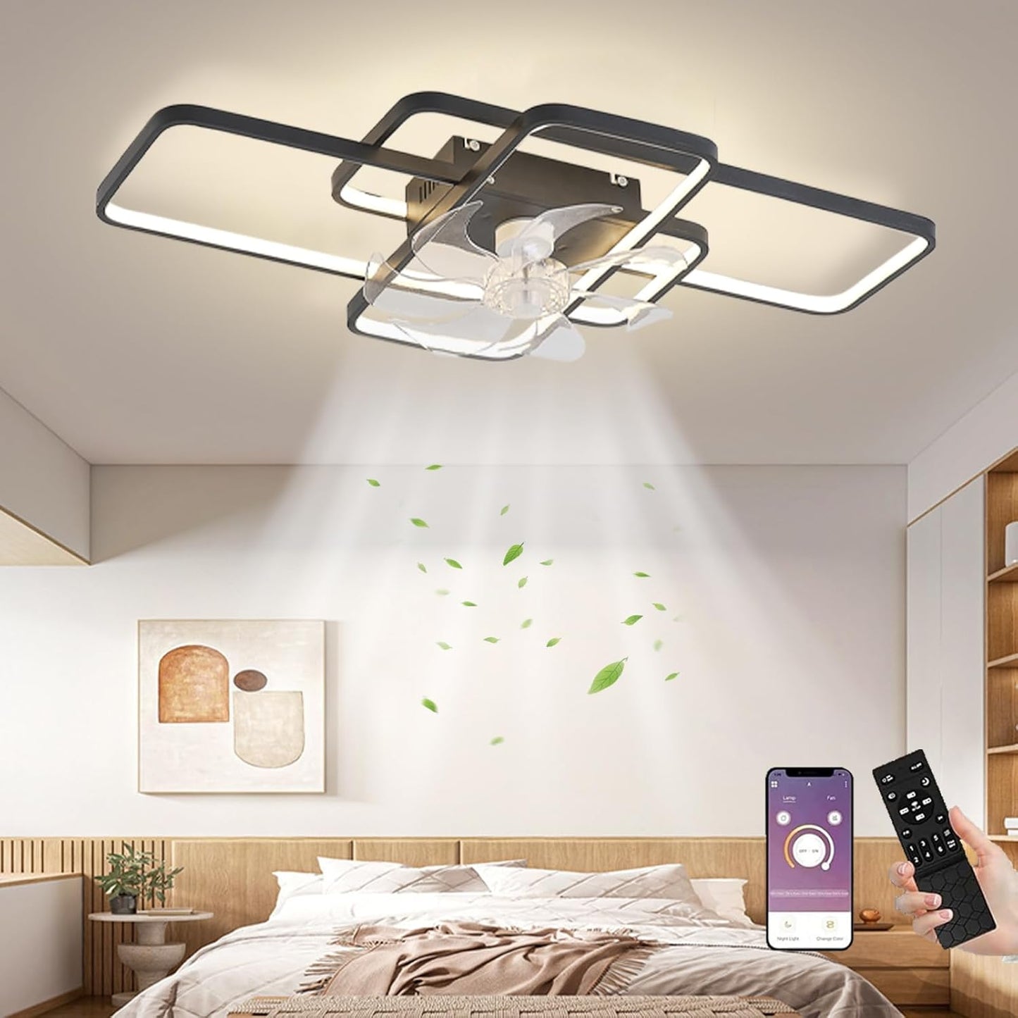 LuxiLamps - Moderne Smart Lamp Ventilator - Dimbaar - LED Plafond Ventilator - Zwart - Moderne Kroonluchter Ventilator - 72 cm - Woonkamerlamp