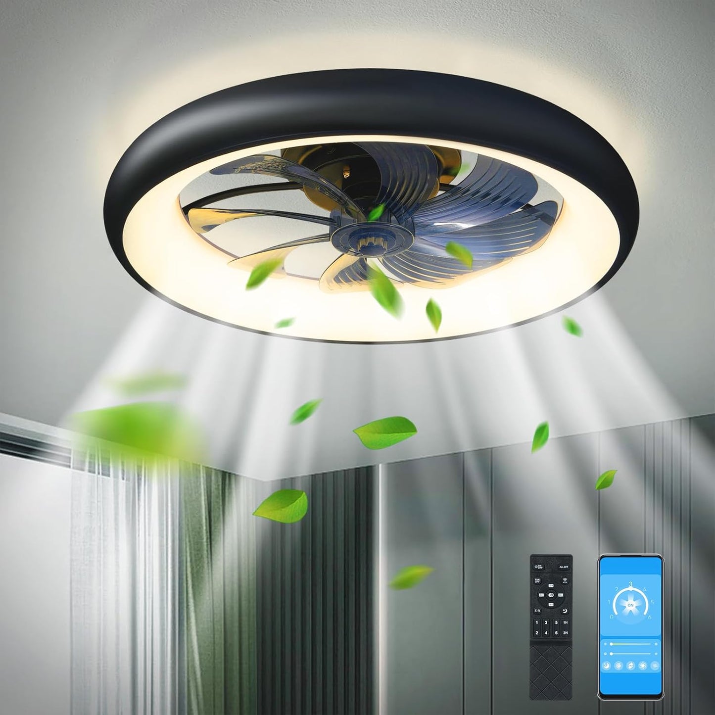 LuxiLamps - LED Ventilator Plafondlamp - Plafondventilator - Zwart - Met Dimmer - 50 cm - 6 Standen Ventilator - Keuken Lamp - Woonkamerlamp - Moderne Lamp