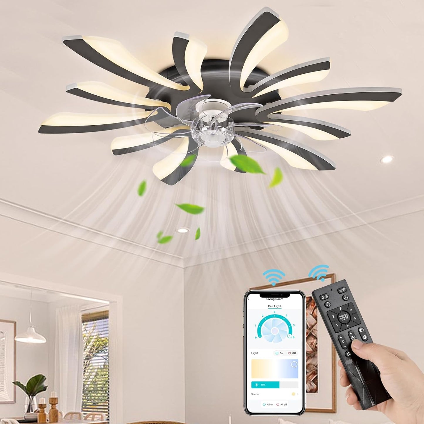 LuxiLamps - 5 Vleugel Ventilator Lamp - Dimbaar Met Afstandsbediening - Zwart - Plafondventilator Met LED - Woonkamerlamp - Moderne lamp - Plafonniere