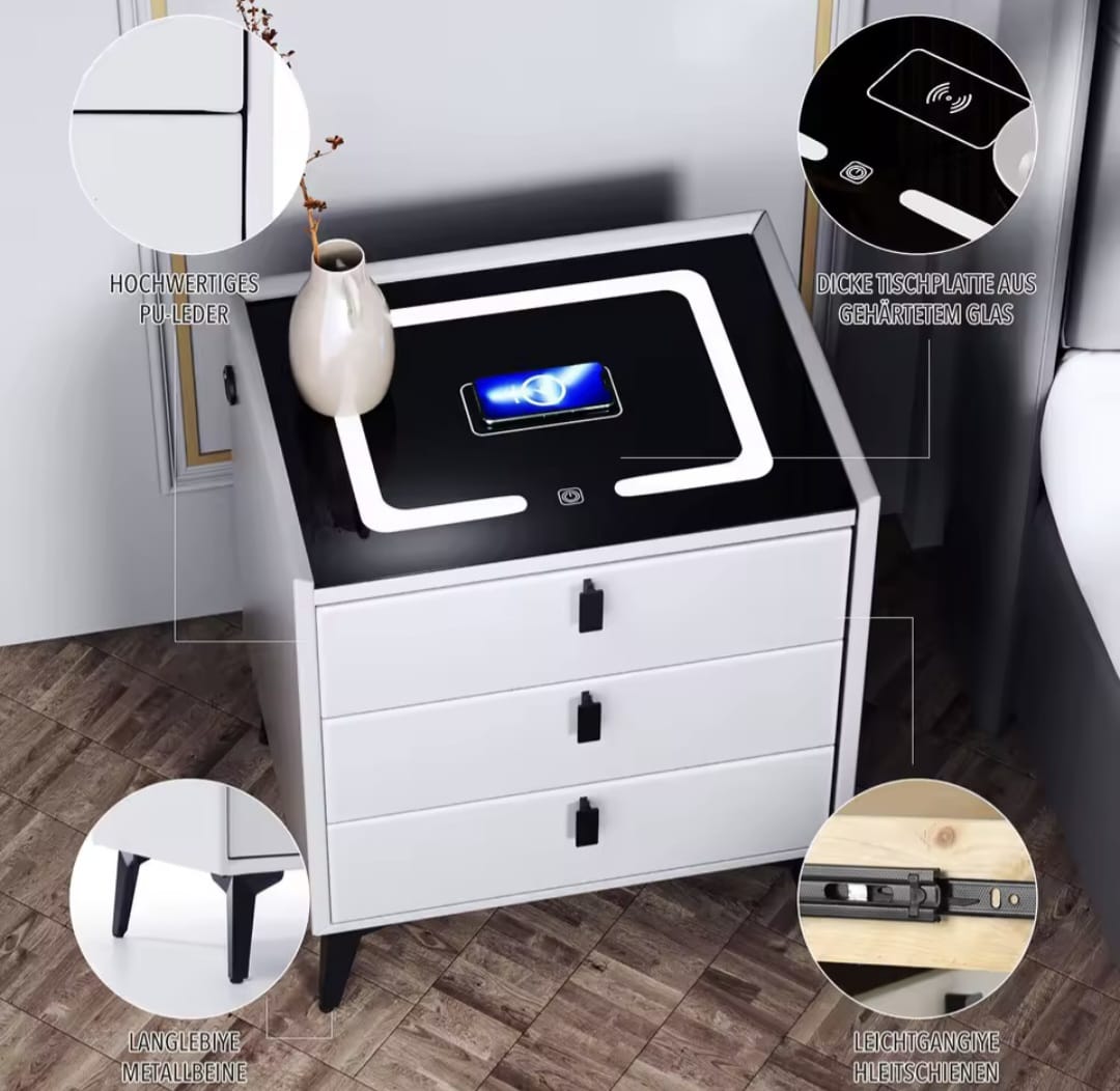 Nachtkast Met LED - 3 USB Poorten - Draadloos Opladen - Wit - 3 Laden - 59x50x45cm - Slim Nachtkastje - Slaapkamer - 3 Kleuren LED