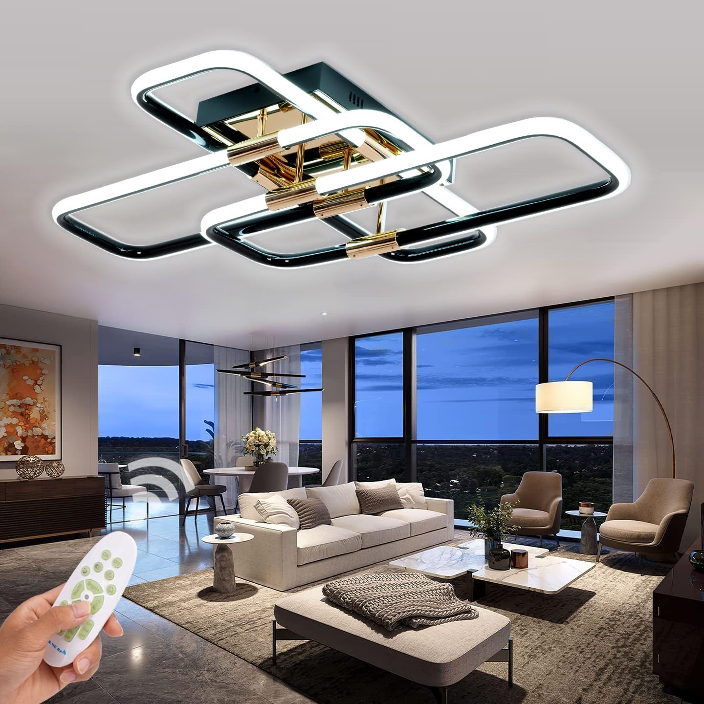 Modern LED Ceiling Lamp - Black/Gold - Dimmable With Remote Control - Adjustable Color Temperature - 68W - For Living Room/Bedroom