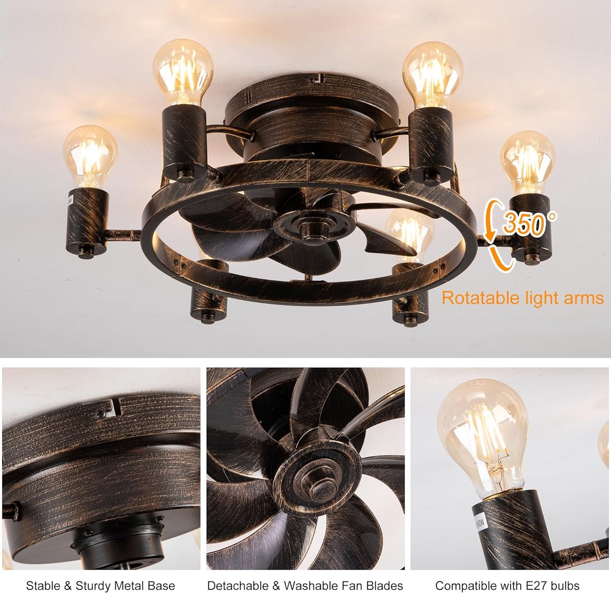 Industriële Retrostijl Plafondventilator - Ventilator Lamp - Smart Lamp - Dimbaar - 6 Standen - Moderne lamp - 6 Lampen - Bruin