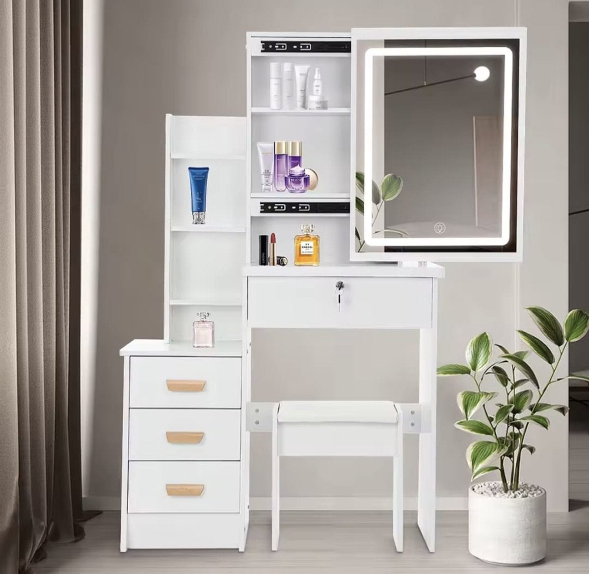 Moderne Witte Make-up tafel met Instelbare LED Verlichting - Kaptafel met Spiegel, 4 Laden - Met Slot en Aanpasbare Planken - Stijlvolle Opslag voor Make-up