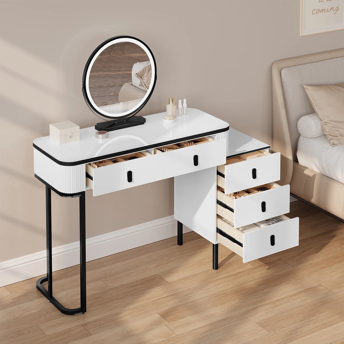 Kaptafel Met LED Spiegel - 5 Laden - USB - Touch Screen - Instelbare LED Verlichting - Make-up Tafel - Mobiele Spiegelijdelheid - Modern Design