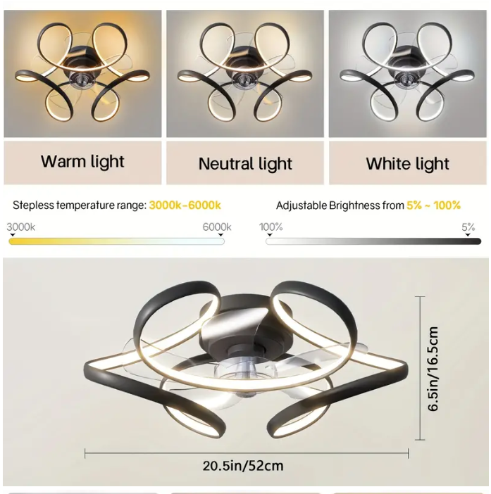 LuxiLamps - Krullen Ventilator Plafondlamp - Plafondventilator 50 cm - Zwart - Smart Lamp - Met Dimmer - 6 Standen Ventilator - Keuken Lamp - Woonkamer Lamp - Moderne Lamp - Slaapkamer Lamp Ventilator
