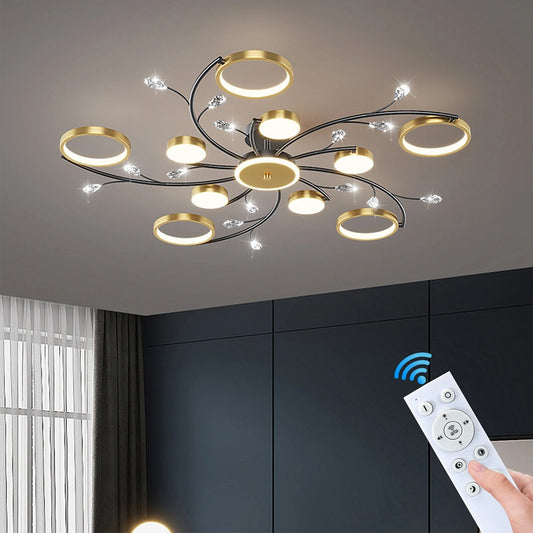 10 Ringen Plafondlamp - Moderne LED Kroonluchter - Smart Lamp - APP - Goud/Zwart - Dimbaar Met Afstandsbediening - 100 cm