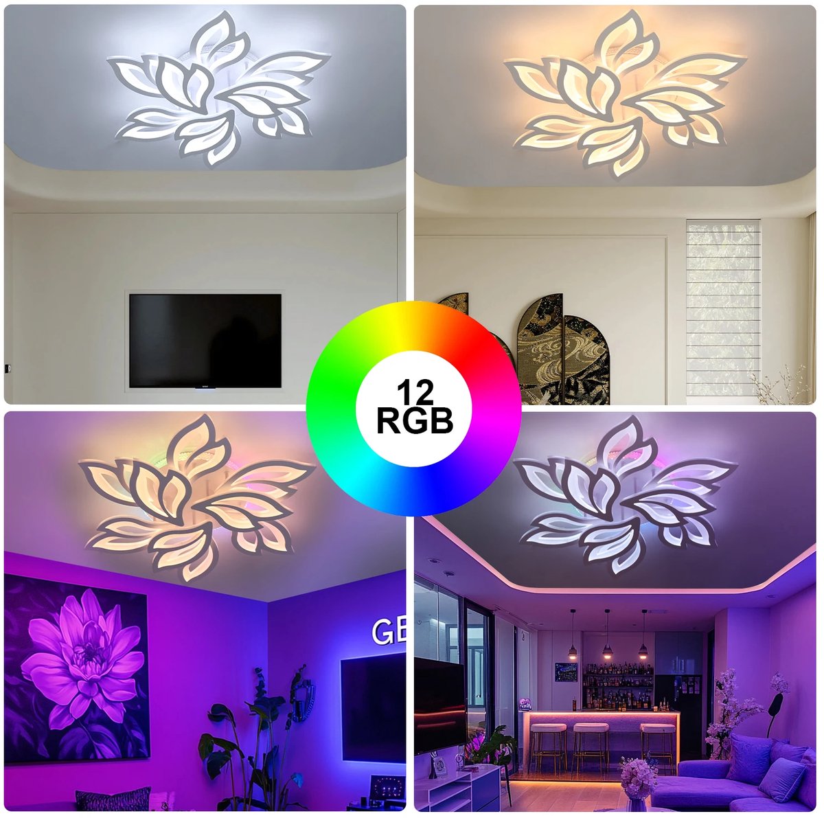 Moderne Plafondlamp RGB - 75 cm - Dimbaar Met Afstandsbediening - 9 Bladen - Kroonluchter - Woonkamer Lamp - 12 Kleuren