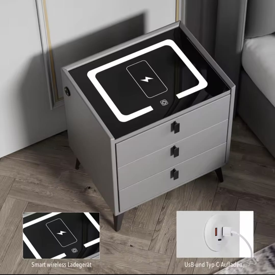 Nachtkast Met LED - 3 USB Poorten - Draadloos Opladen - Grijs - 3 Laden - 60x50x45cm - Slim Nachtkastje - Slaapkamer - 3 Kleuren LED