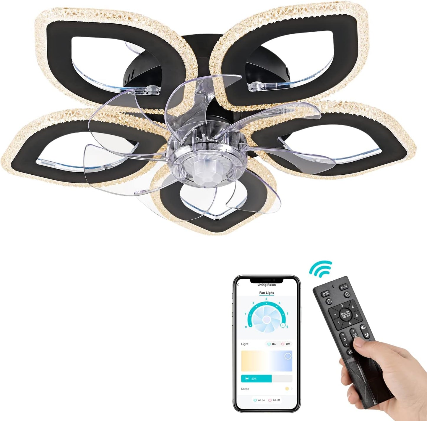 5 Ring Fan Lamp - Ceiling Fan - Smart Lamp - With Dimmer - Black - 6 Modes Fan - Kitchen Lamp - Living Room Lamp - Modern Lamp