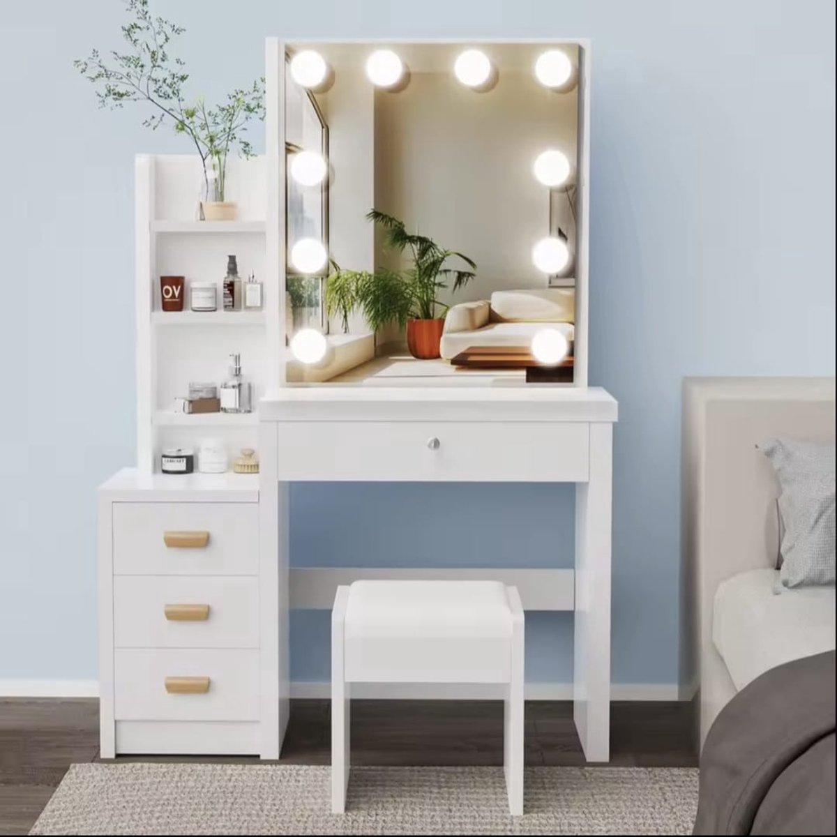 Witte Make-up tafel - Instelbare LED Verlichting - Kaptafel met Spiegel - 4 Laden - Met Kruk - Aanpasbare Planken - Stijlvolle Opslag voor Make-up
