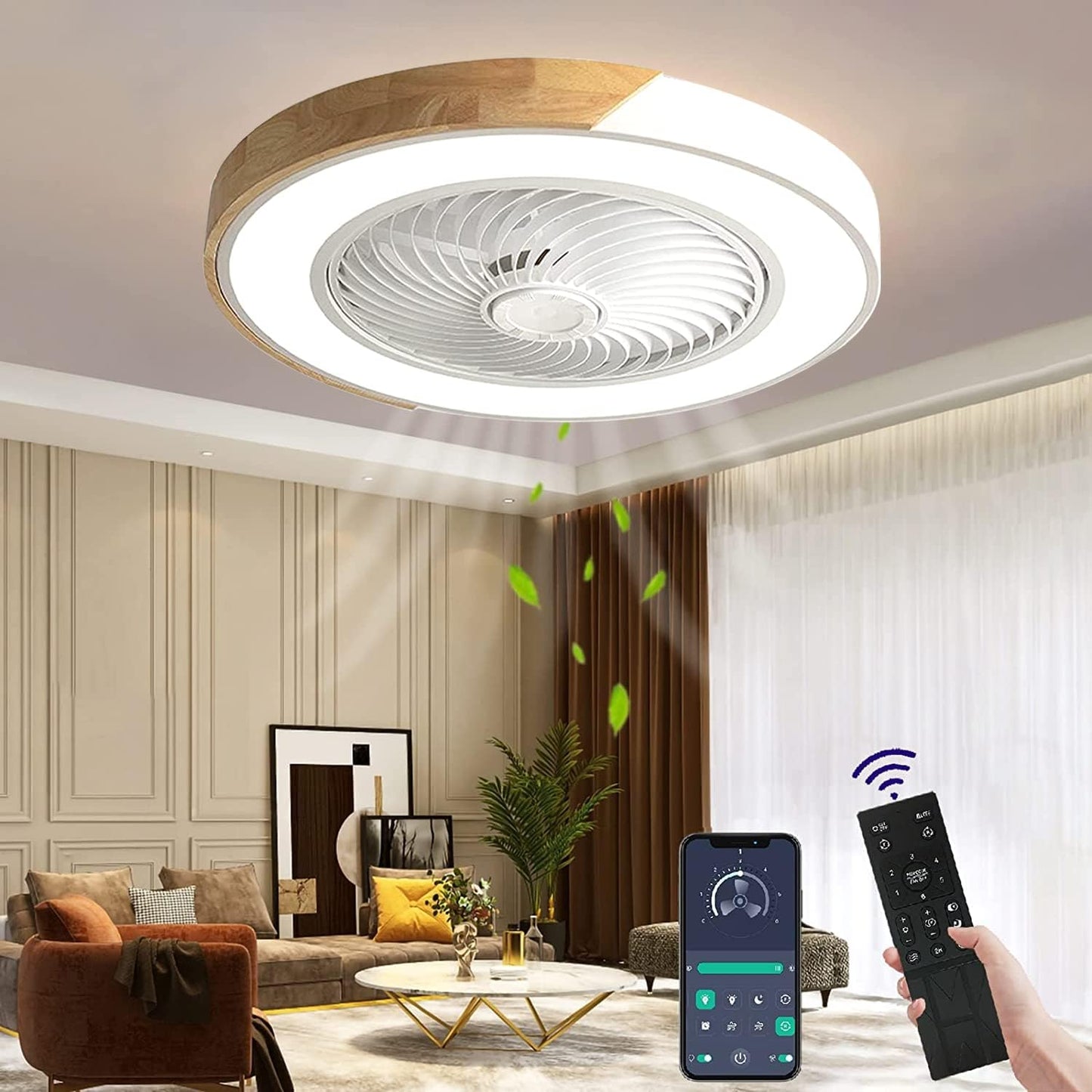 LuxiLamps - Houten Ventilator Lamp - Plafondventilator - Wit/Hout - Smart Lamp - Met Dimmer - 6 Standen Ventilator - Keuken Lamp - Woonkamerlamp - Moderne lamp