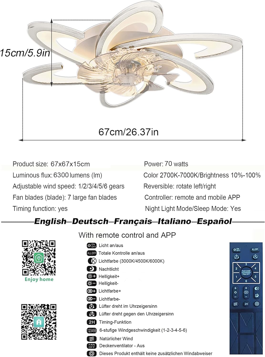 LuxiLamps - 6 Wing Ceiling Fan - Smart Lamp - Dimmable - Black - 6 Settings - Living Room Lamp Fan - Chandelier Fan - Fan Lamps - 67 cm