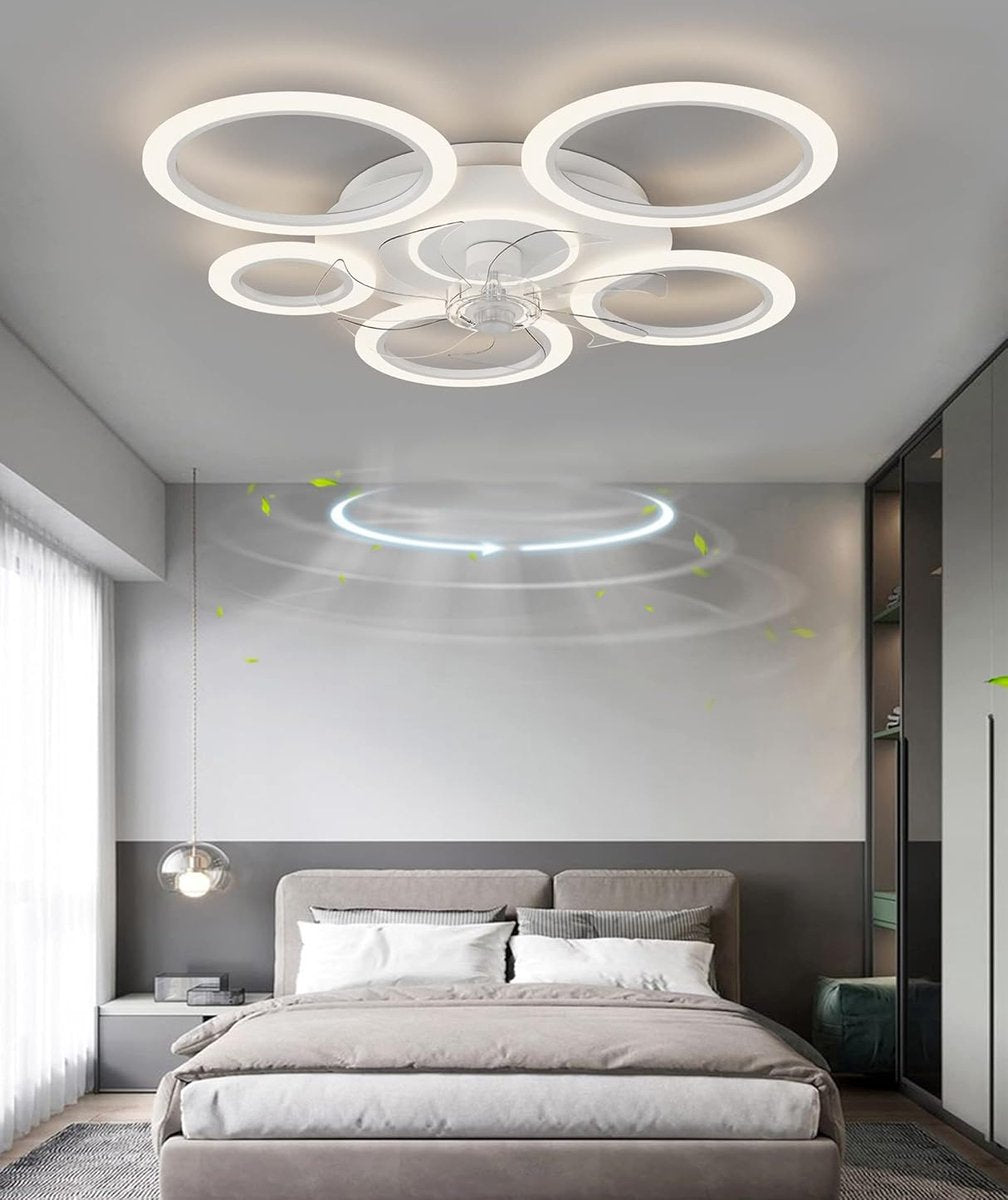 6 Ringen Plafondventilator - Wit - 6 Snelheden - Dimbaar Met Afstandsbediening en APP - Moderne Cirkel Ventilator Licht