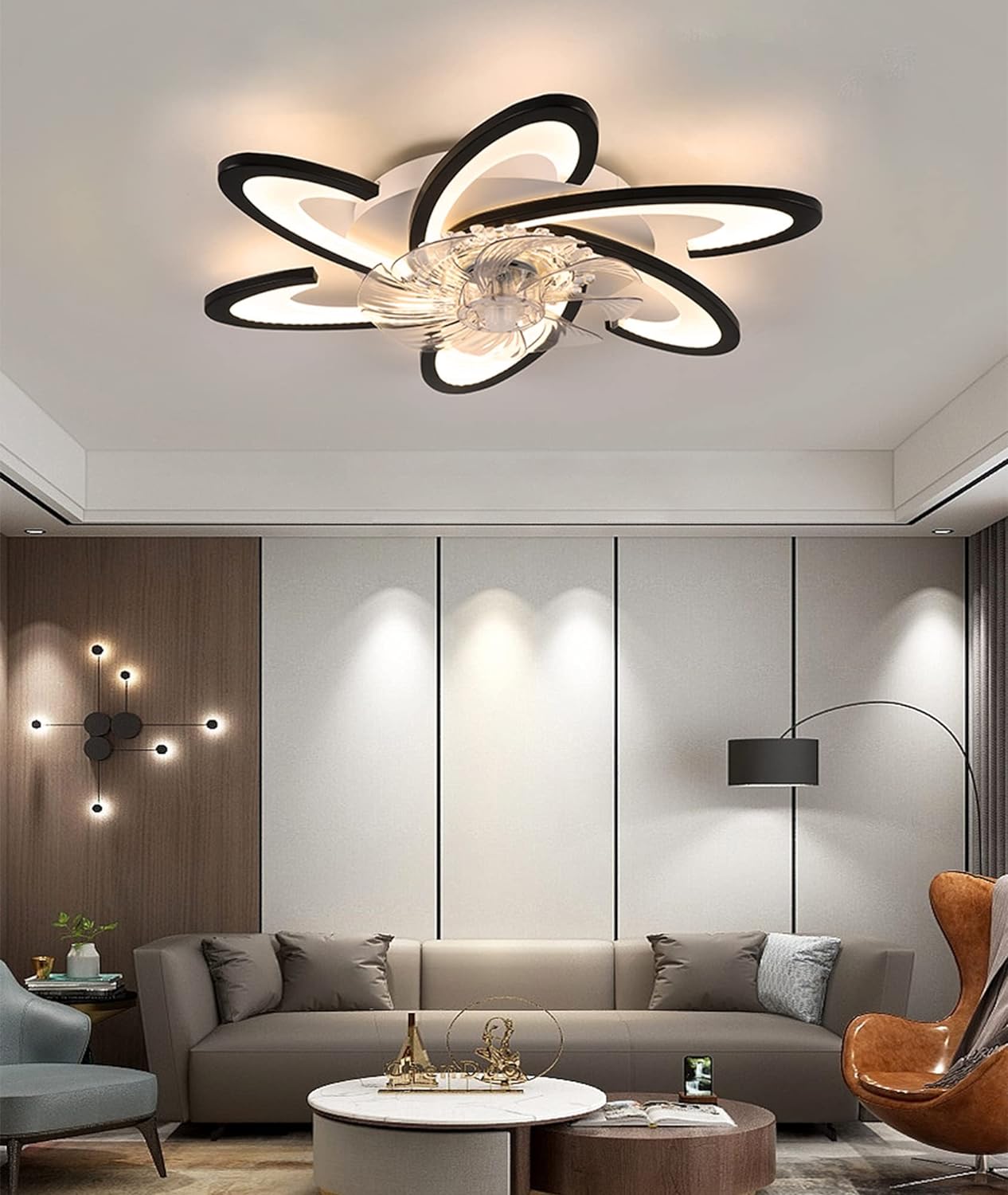 LuxiLamps - 6 Wing Ceiling Fan - Smart Lamp - Dimmable - Black - 6 Settings - Living Room Lamp Fan - Chandelier Fan - Fan Lamps - 67 cm
