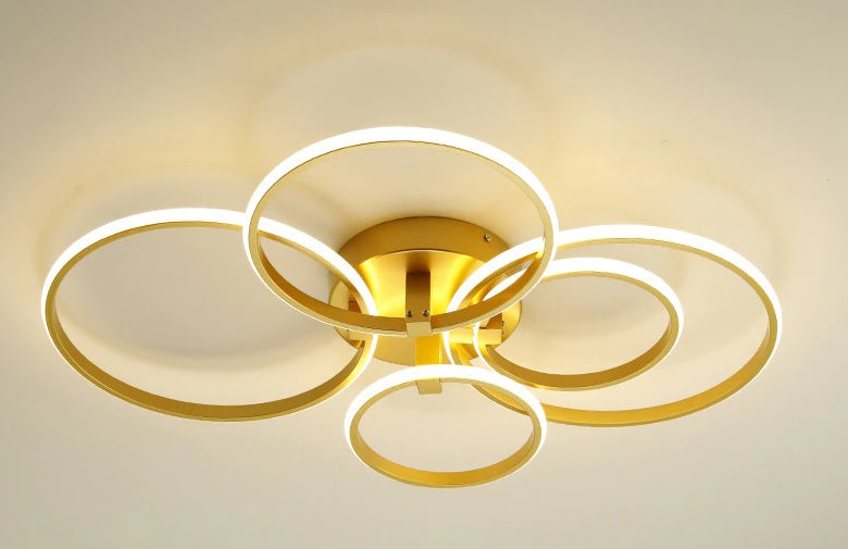 5 Ring Plafondlamp Goud - Met Afstandsbediening - Smart lamp - Dimbaar Met App - Woonkamerlamp - Moderne lamp - Plafoniere