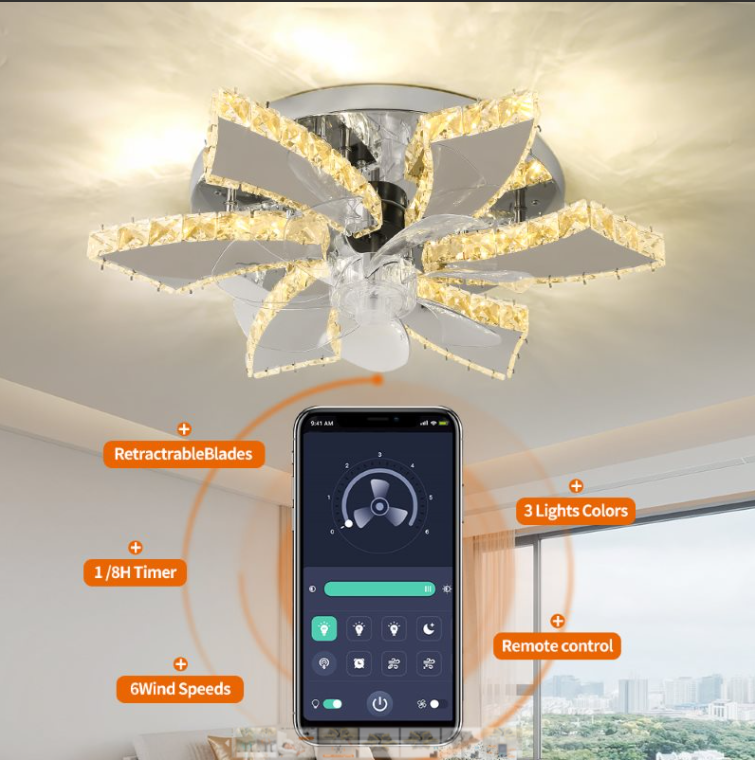 6 Lotus Kristallen Ventilator Lamp - Crystal Plafondventilator - Smart Lamp - Met Dimmer - 3 Standen Ventilator - Keuken Lamp - Woonkamer Lamp - Moderne Lamp