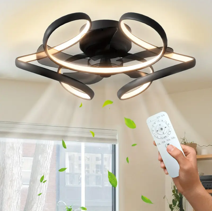 LuxiLamps - Krullen Ventilator Plafondlamp - Plafondventilator 50 cm - Zwart - Smart Lamp - Met Dimmer - 6 Standen Ventilator - Keuken Lamp - Woonkamer Lamp - Moderne Lamp - Slaapkamer Lamp Ventilator