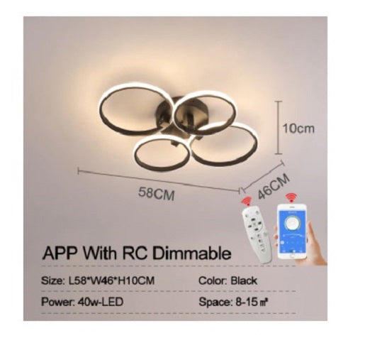 4 Ringen Plafondlamp - Zwart - Afstandsbediening - Dimbaar Met App - Smart lamp - Woonkamerlamp - Moderne lamp - Plafoniere