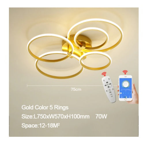 5 Ring Plafondlamp Goud - Met Afstandsbediening - Smart lamp - Dimbaar Met App - Woonkamerlamp - Moderne lamp - Plafoniere