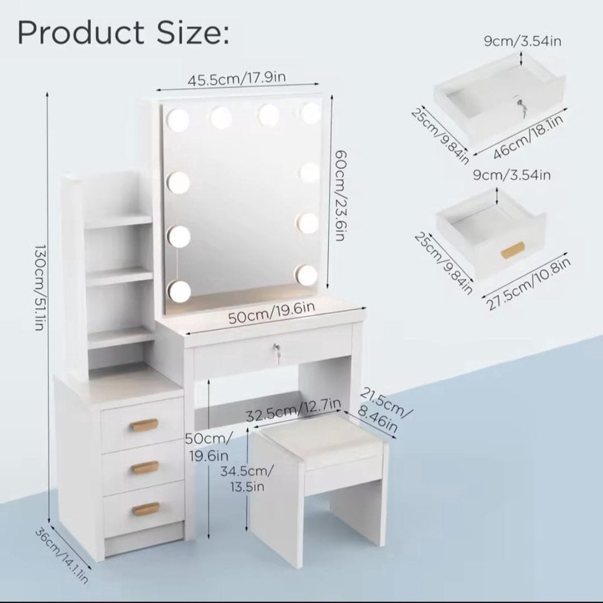 Witte Make-up tafel - Instelbare LED Verlichting - Kaptafel met Spiegel - 4 Laden - Met Kruk - Aanpasbare Planken - Stijlvolle Opslag voor Make-up