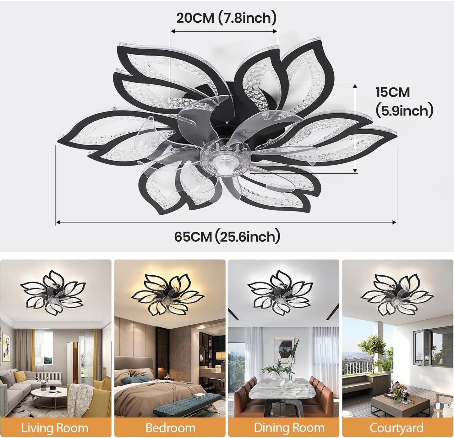 6 Bloem Crystal Ventilator Lamp - Plafondventilator - Zwart - 6 Standen - Smart Lamp - Dimbaar - Kroonluchter Ventilator - Chandelier Fan - Woonkamerlamp - Ventilator Lampen