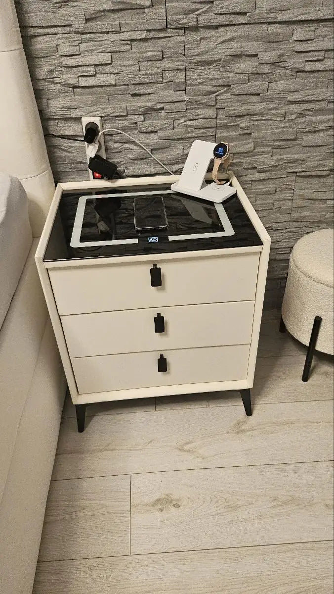 Nachtkast Met LED - 3 USB Poorten - Draadloos Opladen - Wit - 3 Laden - 59x50x45cm - Slim Nachtkastje - Slaapkamer - 3 Kleuren LED